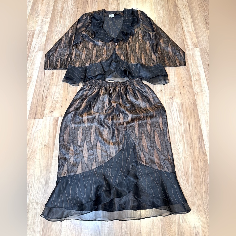 VTG Hosanna Design USA Set 2Pc Top & Skirt Women’s 3x Black Copper Brown Ruffles